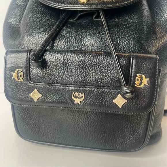 Mcm Black Calf Pebbled Leather Multi Gold Studded Flap Drawstring Backpack🖤 - Picture 9 of 16